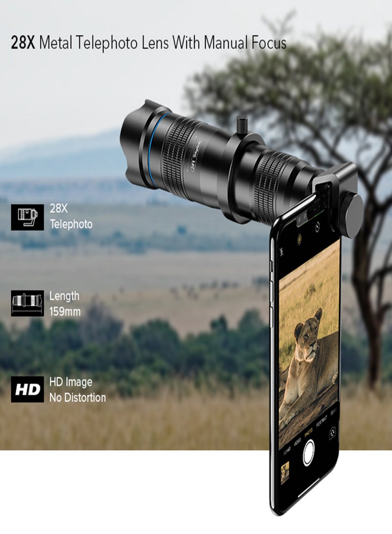 آبيكسل عدسة APEXEL APL-JS28X HD 28X المعدنية أحادية الأنبوب للتصوير عن بُعد للهواتف الذكية، مزودة بضبط يدوي للتركيز، مناسبة لمعظم الهواتف الذكية، مثالية للسفر، والفعاليات الرياضية، والحفلات الموسيقية، ومراقبة الطيور، والتصوير الفوتوغرافي. - Image 5